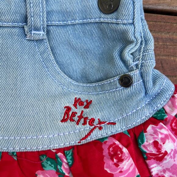 Betsey Johnson Denim Overall Dress 2T Floral Jumper Ruffle Skirt Red Rose Print - Picture 6 of 16